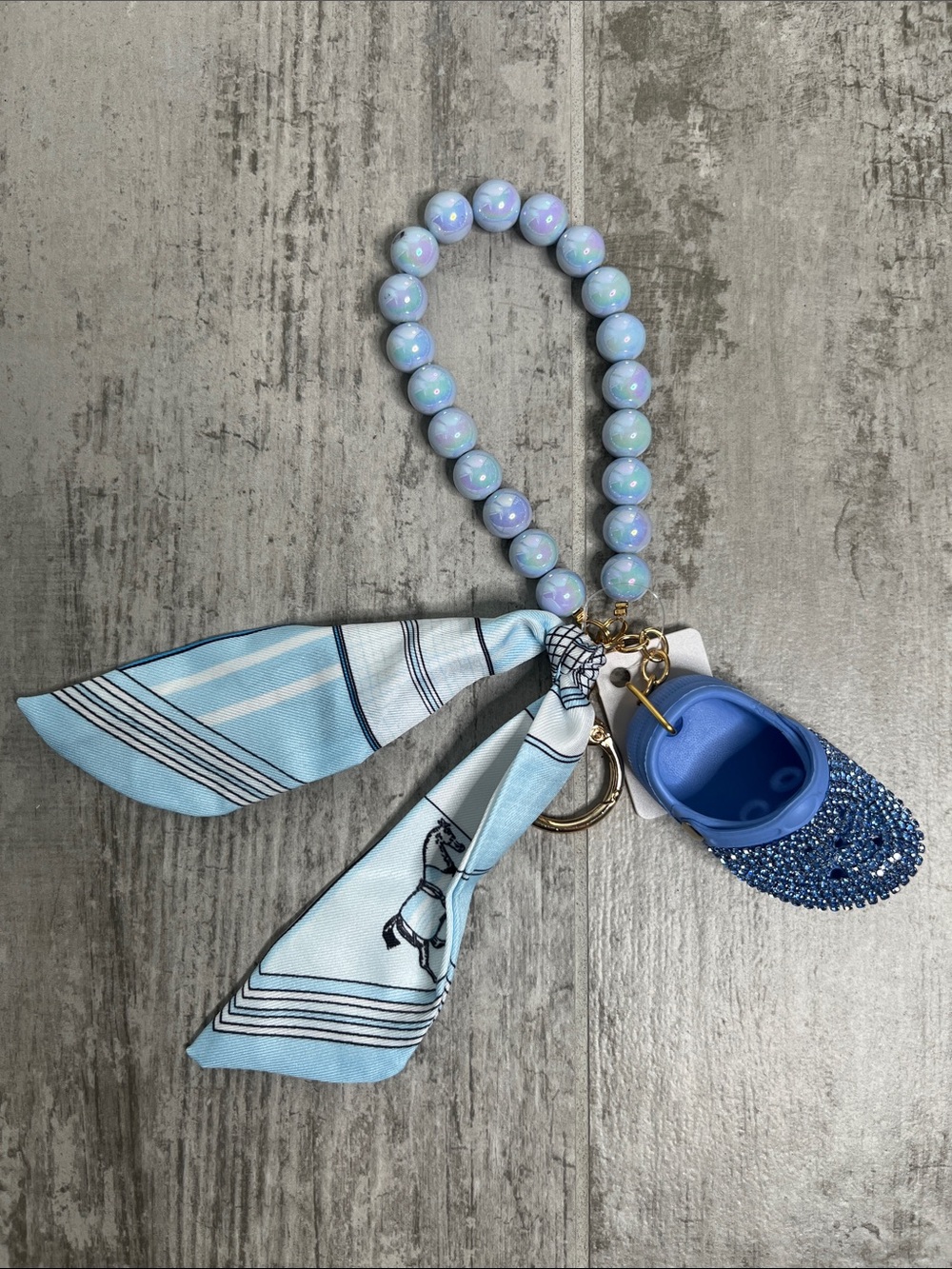 Blue Beaded Wristlet Key & Card Holder with Scarf Accent